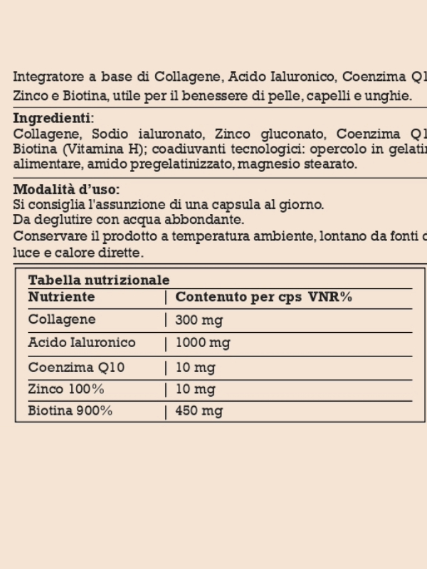 Collagene, Acido Ialuronico, Coenzima Q10, Zinco e Biotina